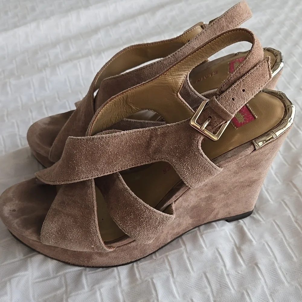 Elaine Turner Women's Tan Suede Wedge Sandals Summer Shoes
